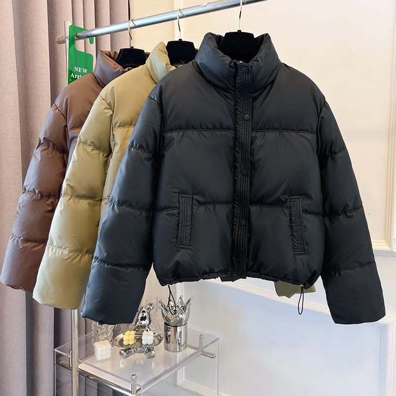 PU lederen donsjack voor dames winter nieuwe korte lengte opstaande kraag verdikte petite fit puffer jas lederen stijl bovenkleding