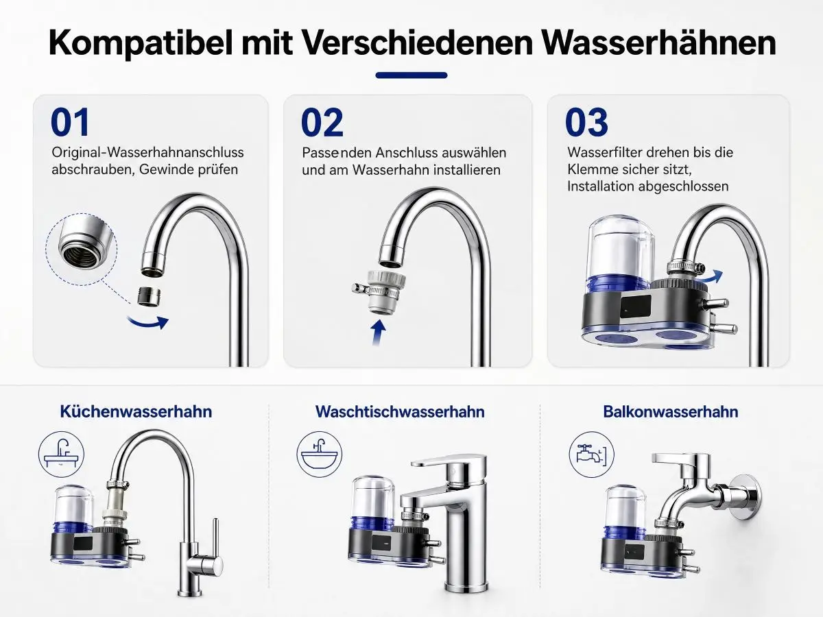 Raorio Wasserhahn-Filter, Leitungswasser-Reiniger, Kalk- und Chlorreduktion, Doppelauslass, Waschbarer Filter, Küche & Bad – Detail 7
