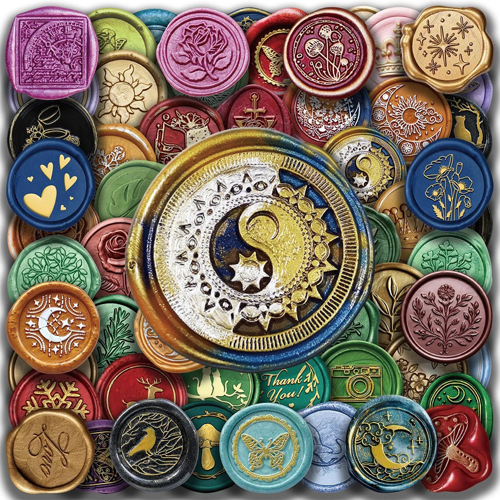 

10/30/64pcs Colorful Embossed Wax Seal Cartoon Stickers Vintage Aesthetic Decals for Skateboard Guitar Phone Decoration Sticker