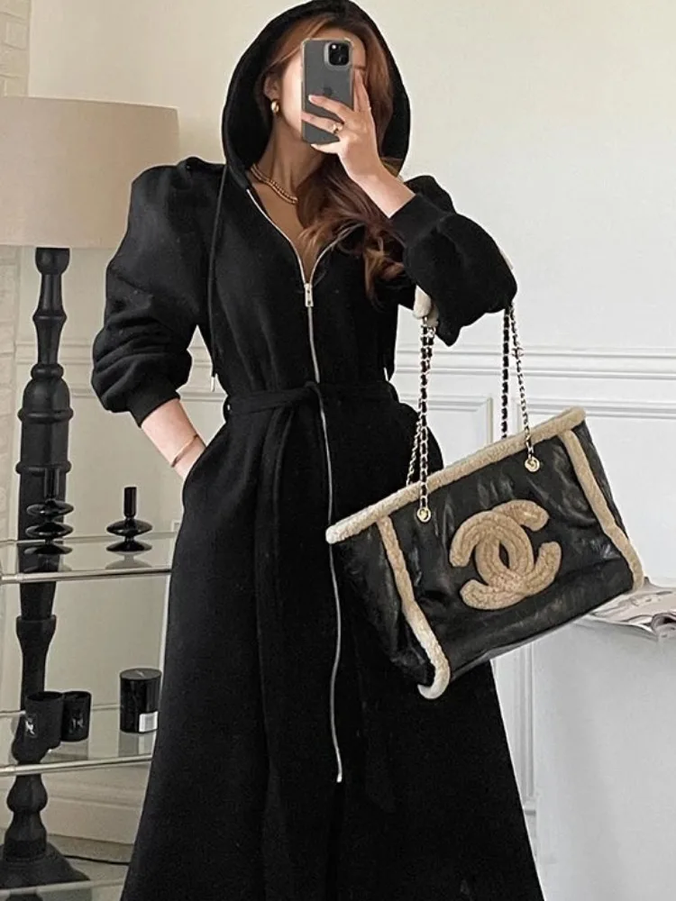 East Gate Chic Thiened longue fermeture éclair fendu à capuche vêtements d'extérieur décontractés confortable longue Sve lanterne Sve couleur Sweat