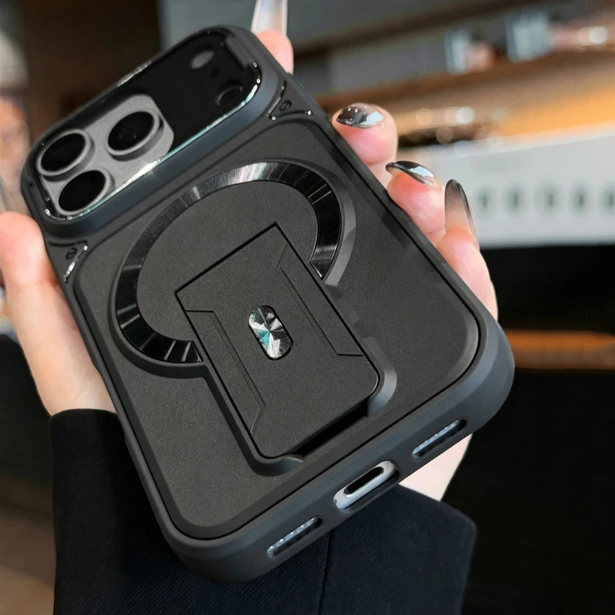 Funda blindada magnética con soporte plegable para iPhone 17 Air 16 15 14 Plus 13 12 11 Pro Max, para Magsafe, con soporte para cámara y protección de lente 6