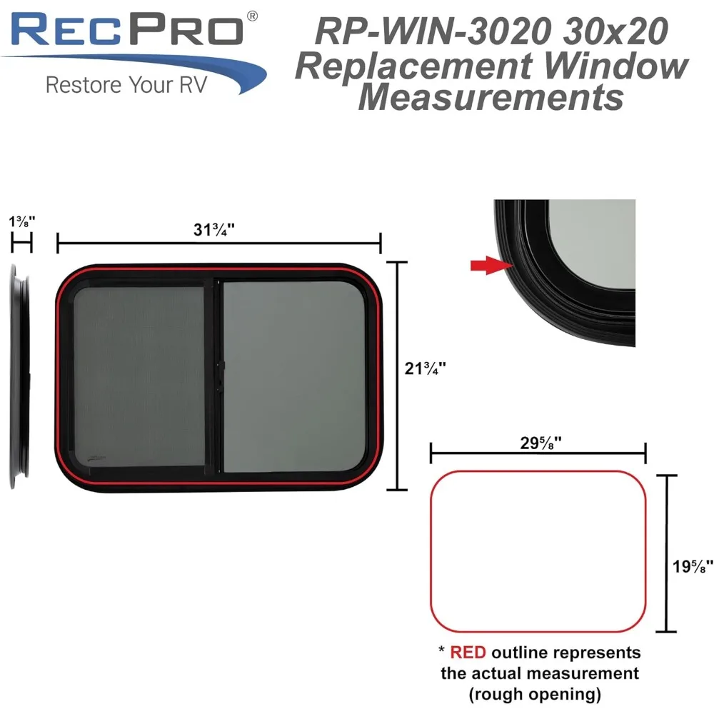 نافذة RV منزلق على شكل دمعة أفقية مقاس 30 × 20 من الزجاج الملون مع شاشة، مصنوعة من الولايات المتحدة الأمريكية، متضمنة مجموعة الكسوة #3