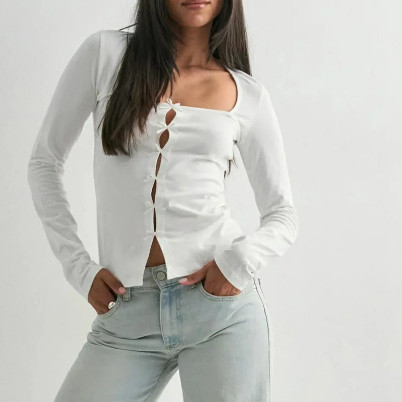 Combhasaki المرأة شيك أنيق كم طويل تي شيرت بلون ساحة الرقبة القوس ديكور انقطاع الجبهة سليم تي شيرت مجسم الشارع الشهير #3