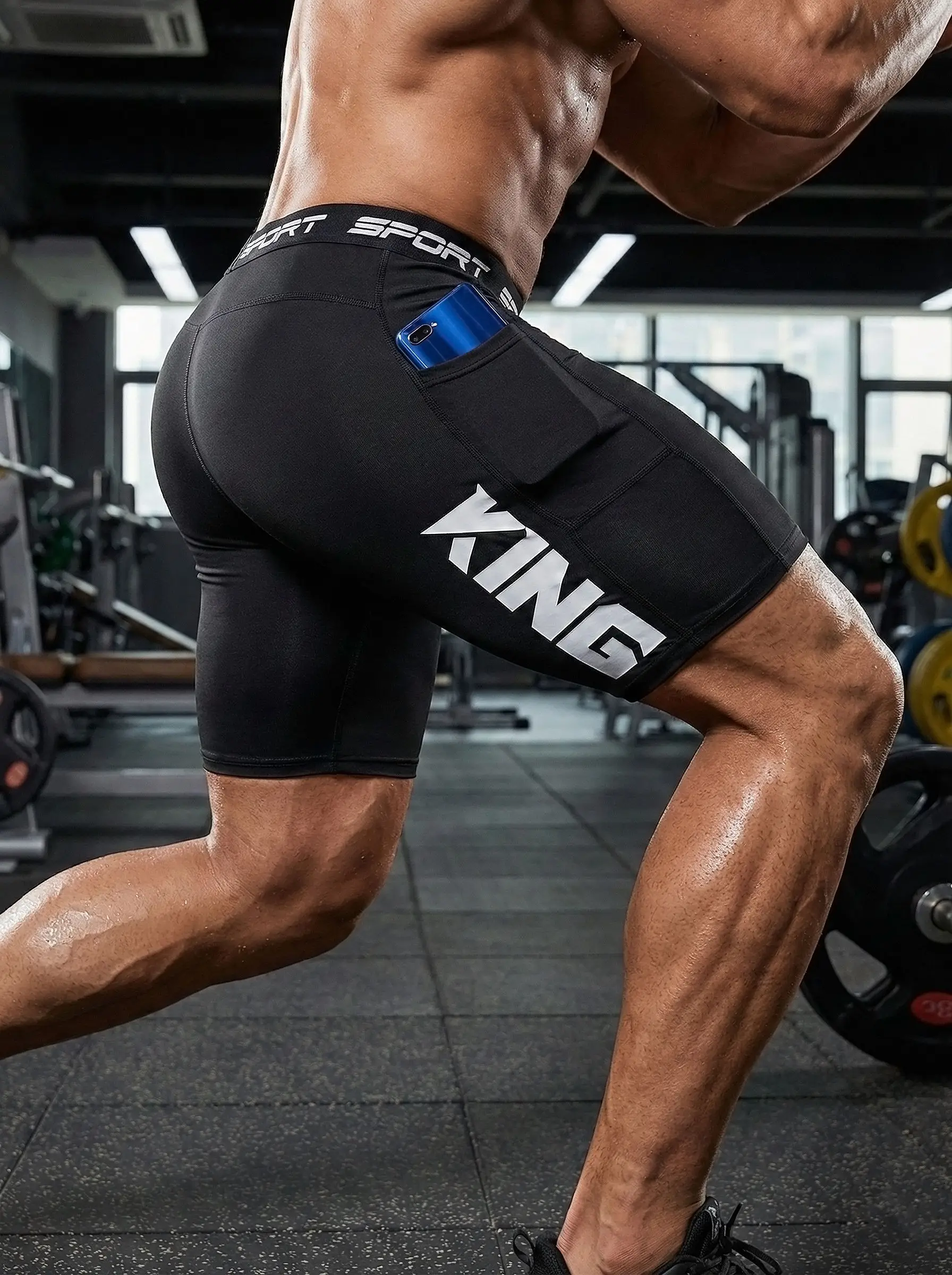 

Мужские спортивные шорты с карманом и надписью KING – черные, с эластичным поясом для тренировок и повседневного комфорта