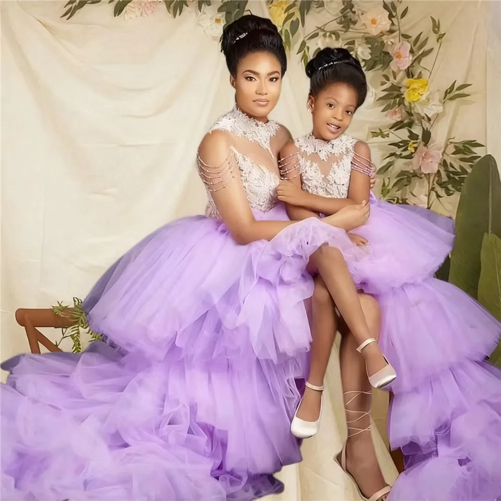 Lavendel bloemenmeisje trouwjurk pluizig met kralen applicaties kinderverjaardag asymmetrische gelaagde optocht feestavondjurk