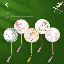 Round Fan Ancient Fan Children'S Summer Double Sided Long Handle Dance Fan Women'S Ancient Chinese Clothes Portable Round Fan