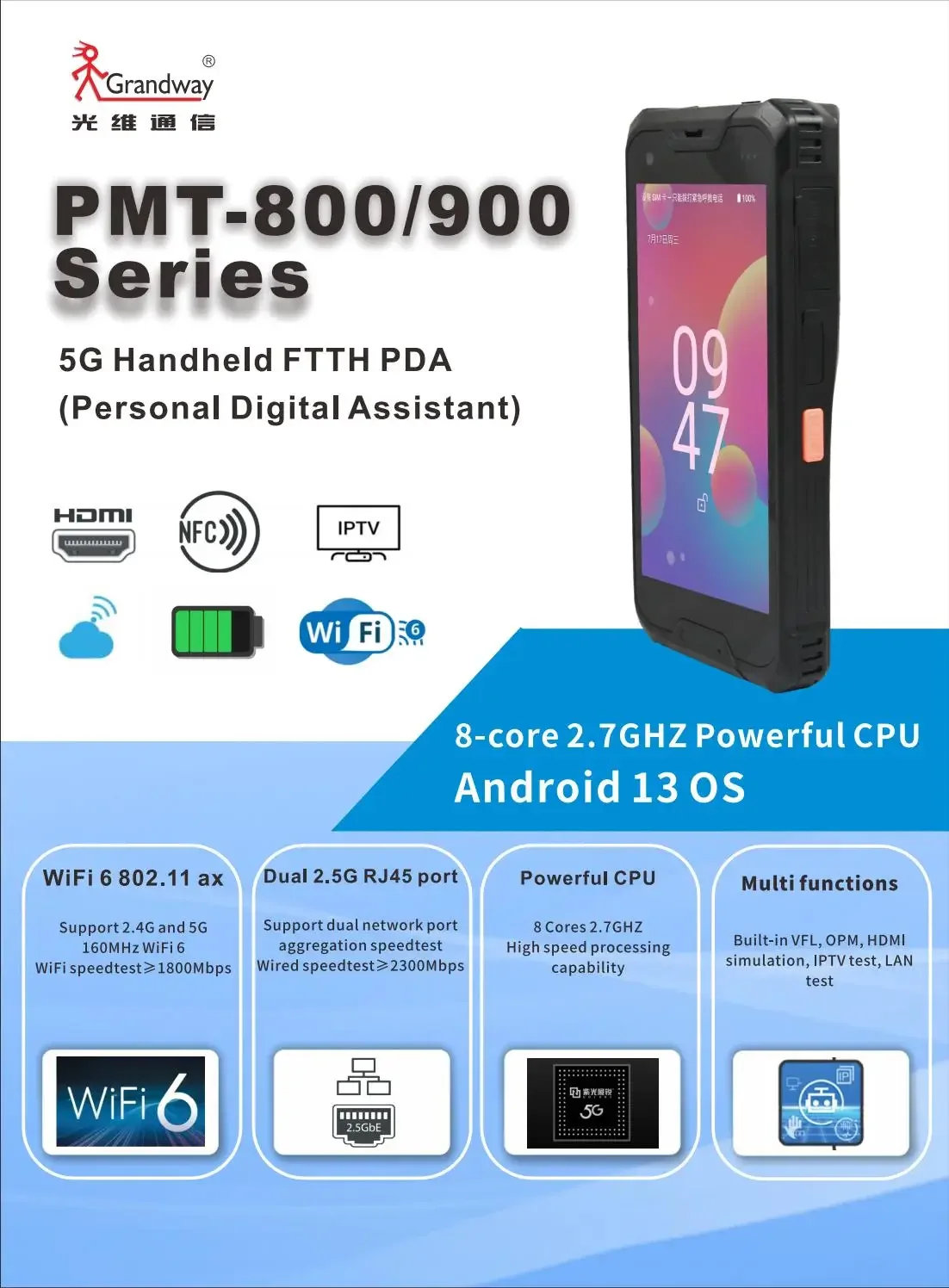 Grandway Original PMT Series Personal Digital Assistants With otdr OPM,VFL,TV Simulation, Speedtest, Android 13OS Network Tester
