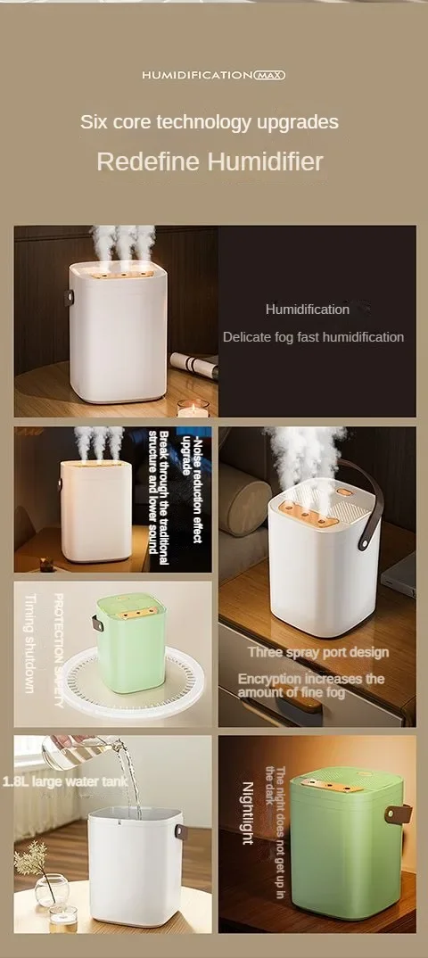 Luftbefeuchter mit drei Düsen und Nachtlicht, 1,8 l Fassungsvermögen, doppelter Filter, Aromatherapiegerät, USB, leise, mit Zeitschaltuhr, für Schlafzimmer und Auto – Detail 3