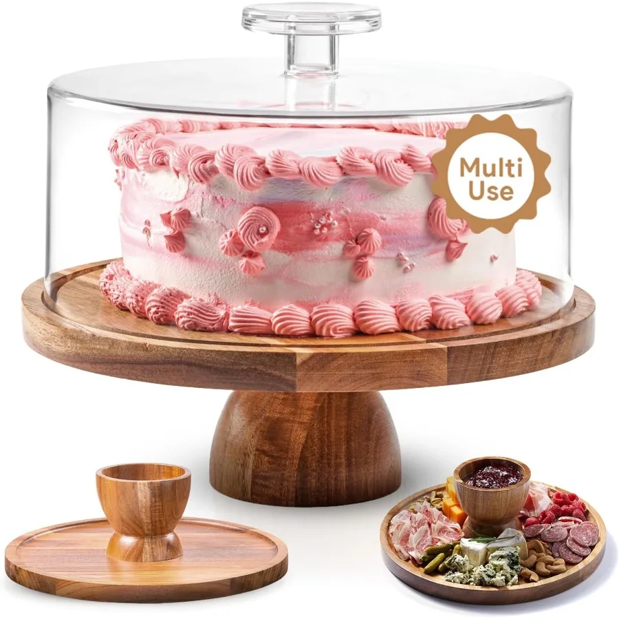 

Acacia Wood Cake Stand with Lid Multifunctional 12 In Round Cake Holder Dessert Table Display Set and Charcuterie Board for Che