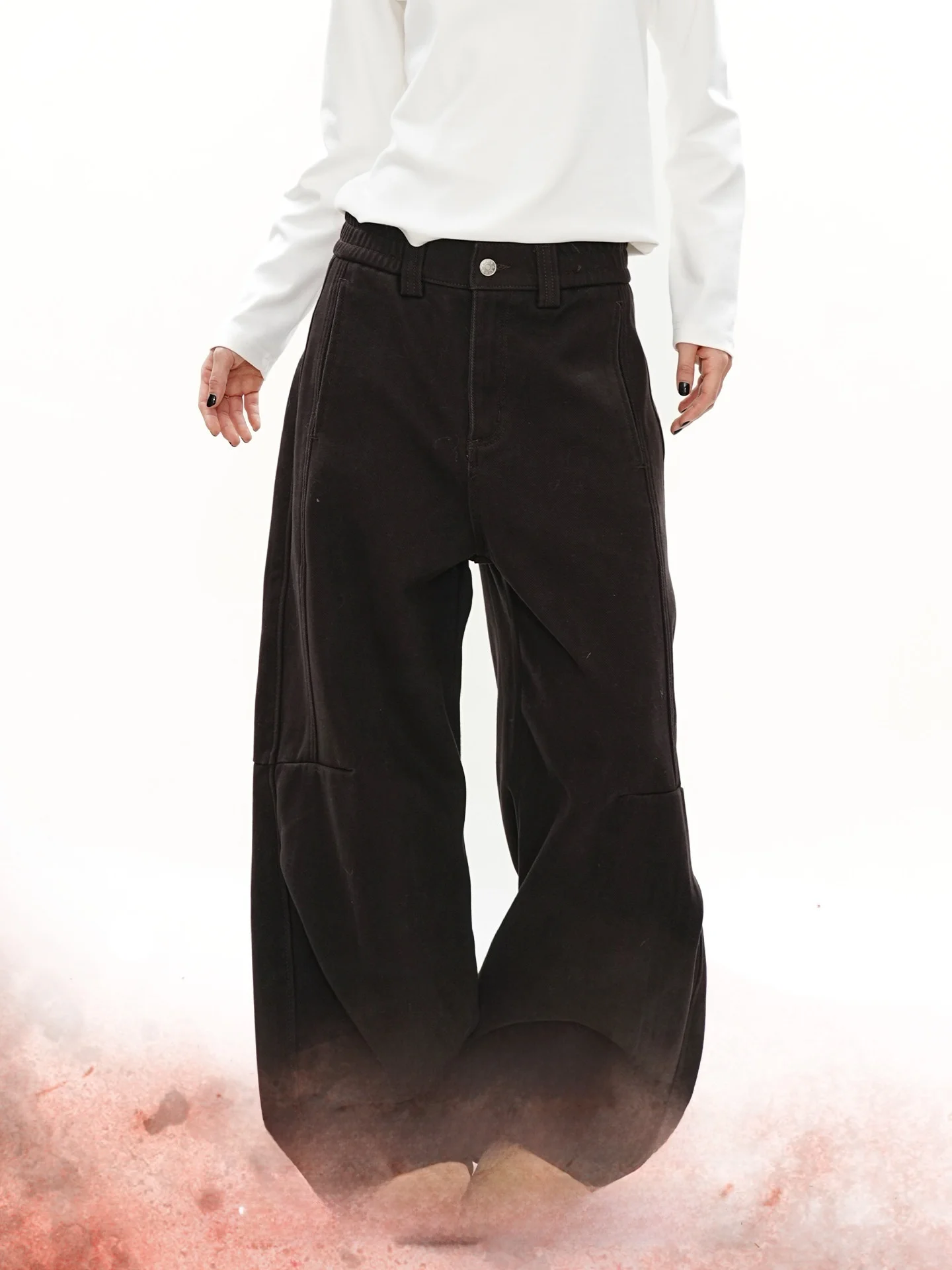 

Warm Fleece Lined Wide Leg Jeans S3T5 Brownish Red Design Casual Style Women's Jeans Autumn Winter Cotton Denim Pants