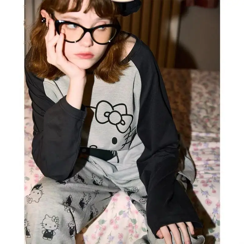 Sanrio T-Shirt Trousers Pajama Set Spring and Autumn Kawaii Hello Kitty Comic Round Neck Leisure Time Go Out Leisure Wear Kit