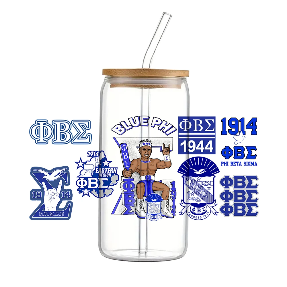 Phi beta sigma fraternidade uv dtf transferência adesivo à prova dwaterproof água transferências decalques para 16oz copo de vidro envoltório adesivos