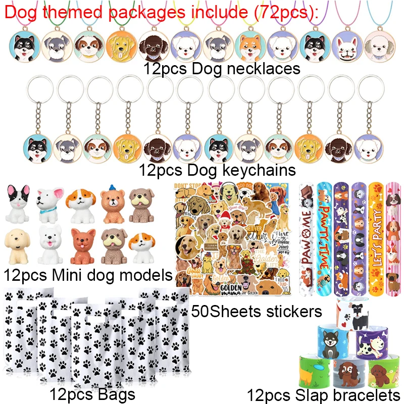 72pcs Puppy Dog Party Favors Kids Birthday Party Supplies Dog Figures Necklace Keychains Stickers Boys Gifts Piñata Filler