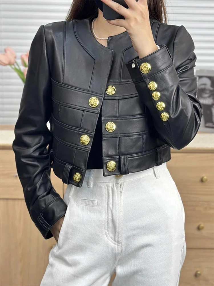 

Leather Genuine Cropped Motorcycle Jacket for Women Spring Autumn 2024 New Gold Buttons Decoration Elegant O-neck Sheepskin Coat