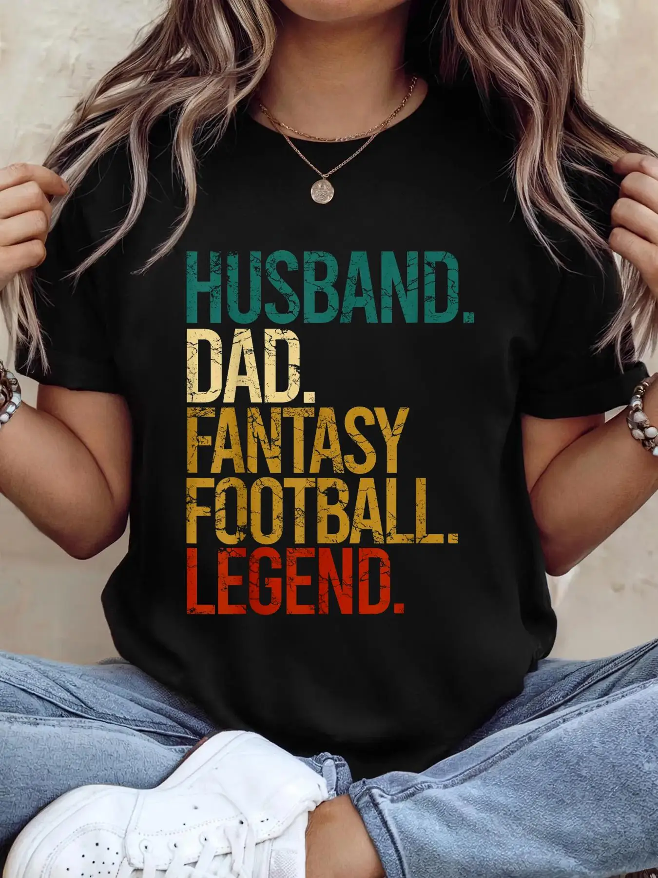 Husband Dad Fantasy Football Legend Funny Men Retro DIY Gift T-Shirt