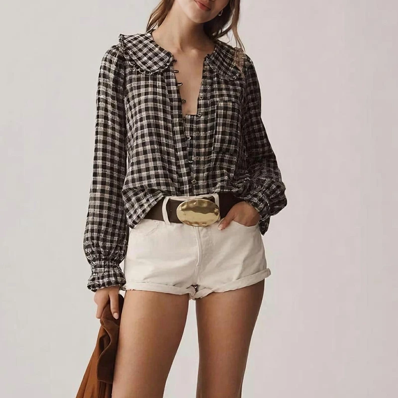 

Женская блузка с воротником «Питер Пэн» в клетку с принтом в клетку, топы Y2k, пышные рубашки с длинными рукавами и рюшами на пуговицах в клетку, рубашки Babydoll