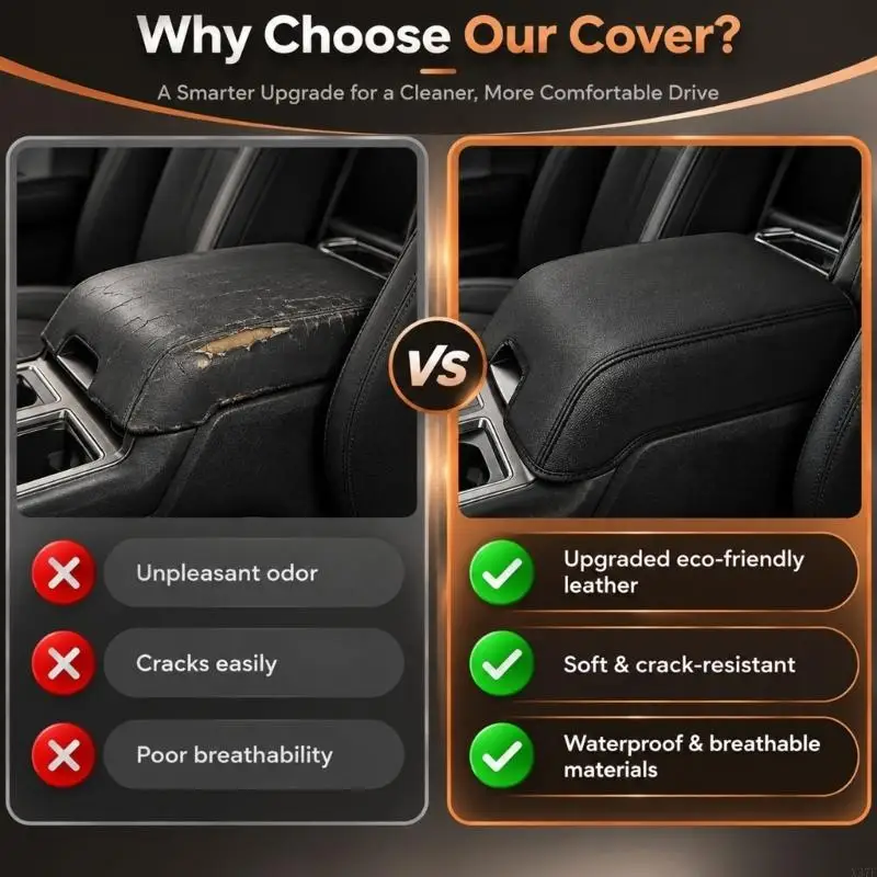 Central Console Armrest Cover, Black Leather Lid Layer with Elastic Retention, Contoured Open-End and Matching X37F