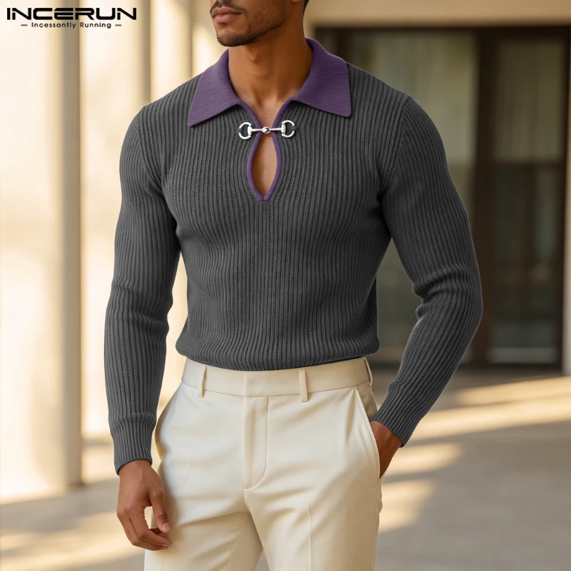 INCERUN Men's Pullovers Patchwork Lapel Long Sleeve Knitted Sweaters For Man Streetwear 2026 Fashion Casual Men Clothes Autumn