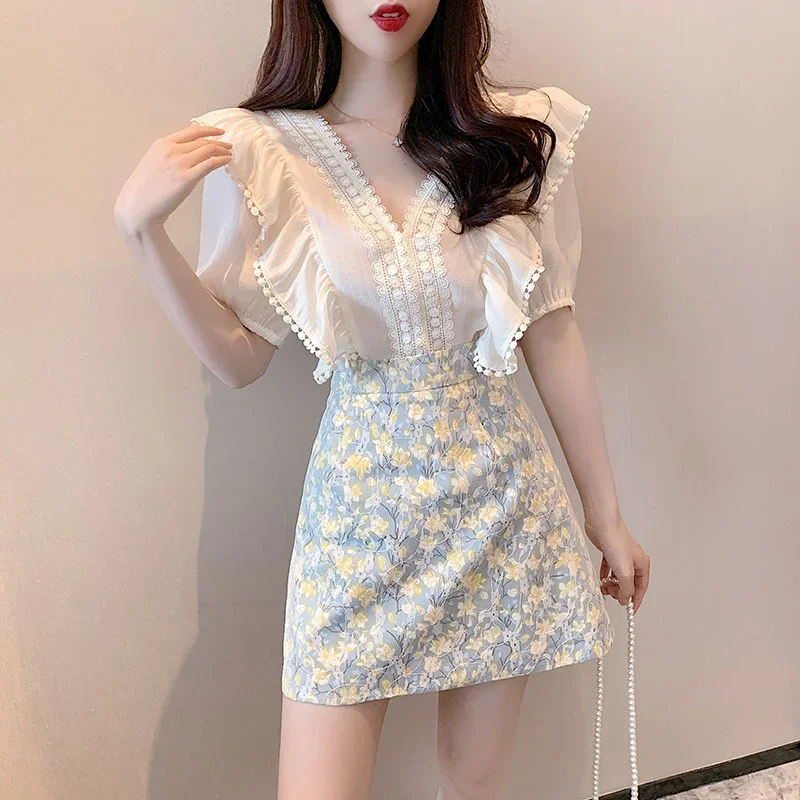 2 Pieces Sets for Women Beach Short Kawaii Lightly Cooked Sleeve Skirt Office Woman Outfit Mini New Matching Top and Bottom Full