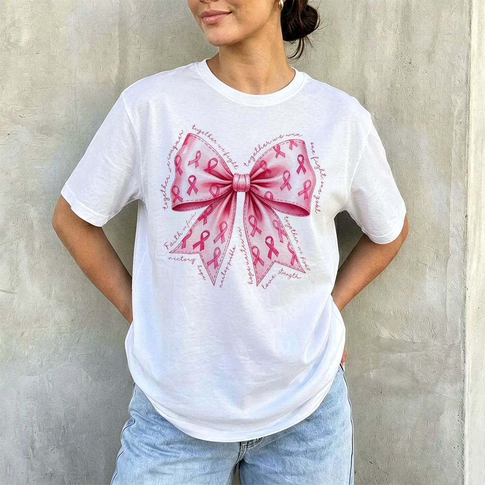 Pink Ribbon Bow Breast Cancer Awareness Word Art Damen-Sommer-T-Shirt aus Baumwolle mit Aufschrift „Support Warrior Girly Graphic Tee“.