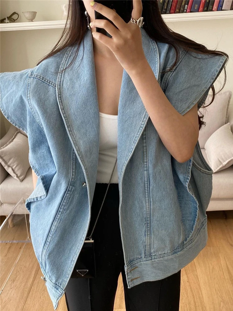 Colorfaith JKV8973 New 2023 Sleeveless Waistcoat Pockets Streetwear Oversized Spring Autumn Women's Denim Jeans Jackets Tops