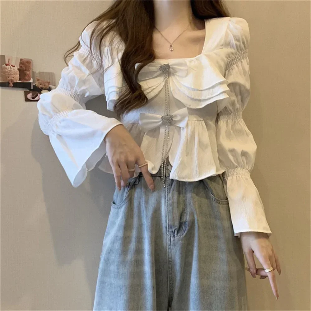 

Korean Fashion Simple Bow Solid Color Blouse Square Collar Women Shirt All-match Ruffles Long Sleeve Female Spring Summer Shirts