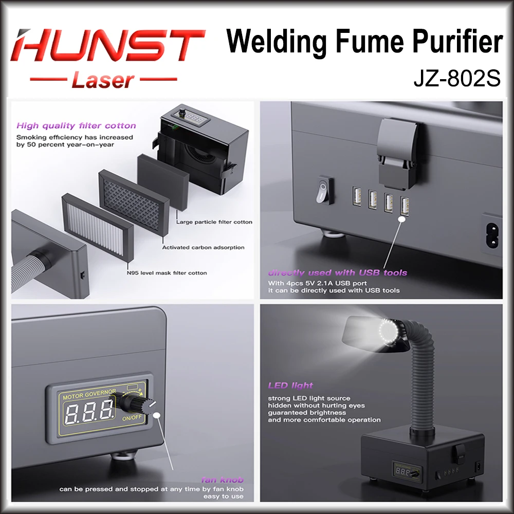 HUNST ZJ- 802S Welding Fume Extractor Air Dust Fume Purifier USB Fast Charger Industrial Phone PCB Soldering Repair Tool