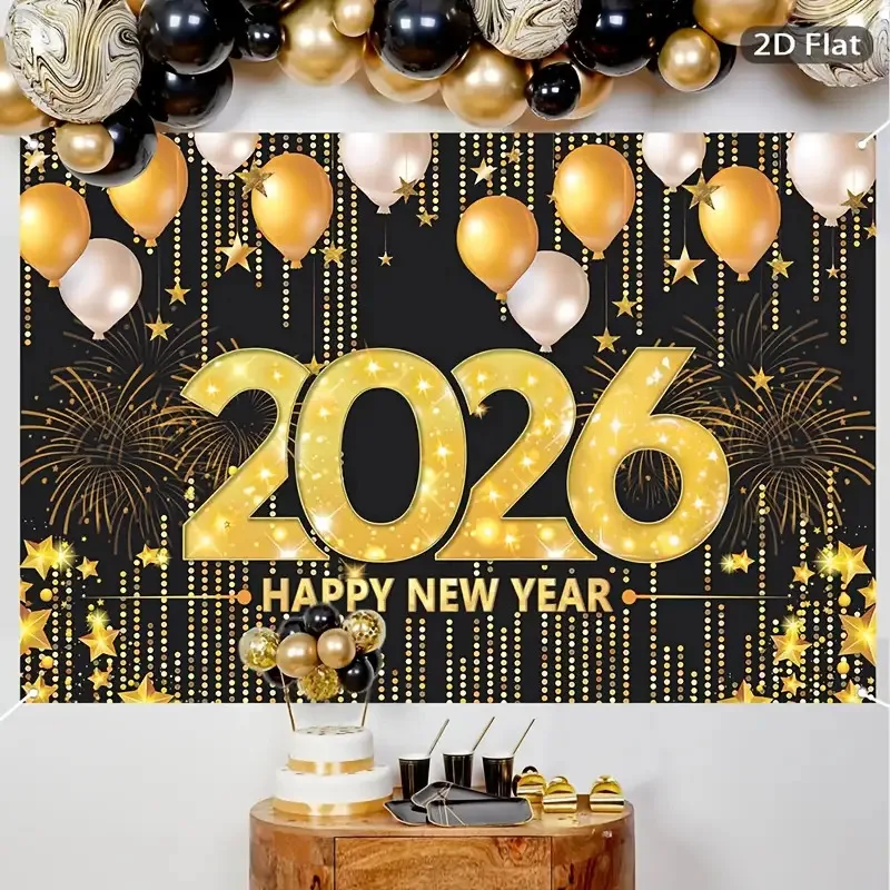 1 قطعة 2DPlane2026 قماش خلفية السنة الجديدة - تصميم بالون الألعاب النارية باللونين الأسود والذهبي، لا يتطلب إمدادات الطاقة #5