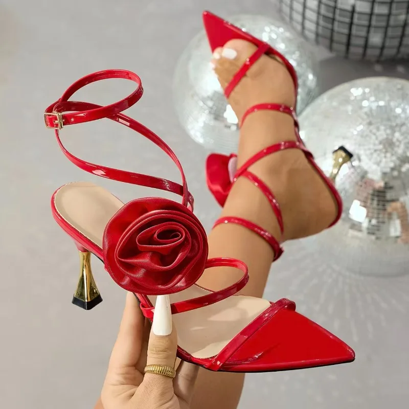 

Wine Red Cross Band Strap Party Sandals Women Pointed Toe High Heels Sexy Stiletto Heel Handmade Rose Flower Summer Shoes