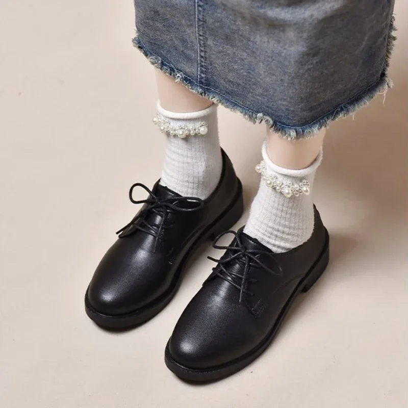 2024 New Fashion Black Leather Shoes Women\'s Lace up Low Heel Shoes Plus Size Flat Shoes