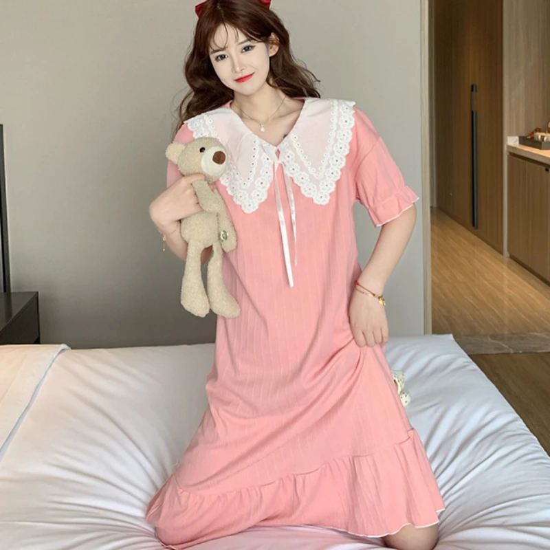 Women Nightgowns Sweet Loose Hollow Out Bow Thin Lovely Pure Summer Peter Pan Collar Trendy Sleepwear Princess Ulzzang Female