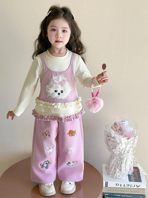 Roupa bordada para meninas verão outono faion conjunto solto calças de perna larga falso top de duas peças princ sle estudante orm