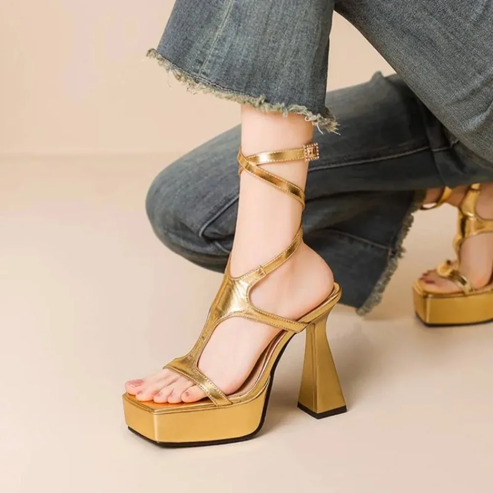 

Summer New Style Fashion High-heeled Women Sandals Solid Color Peep Toe Sexy Party Buckle Square Heel Women's Sandals High 12cm