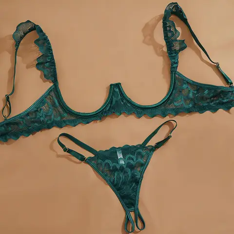 Toucheart 2 Piece Set Sexy Interesting Underwear Set for Women Solid Color Lace Mesh See-through Bra Exotic Sexy Lingerie Set