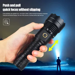 Powerful 10000lm 4 CORE LEP White Flashlight Adjustable Focus Type-C Fast Charging 5 Modes LED Toch for Outdoor Emergency