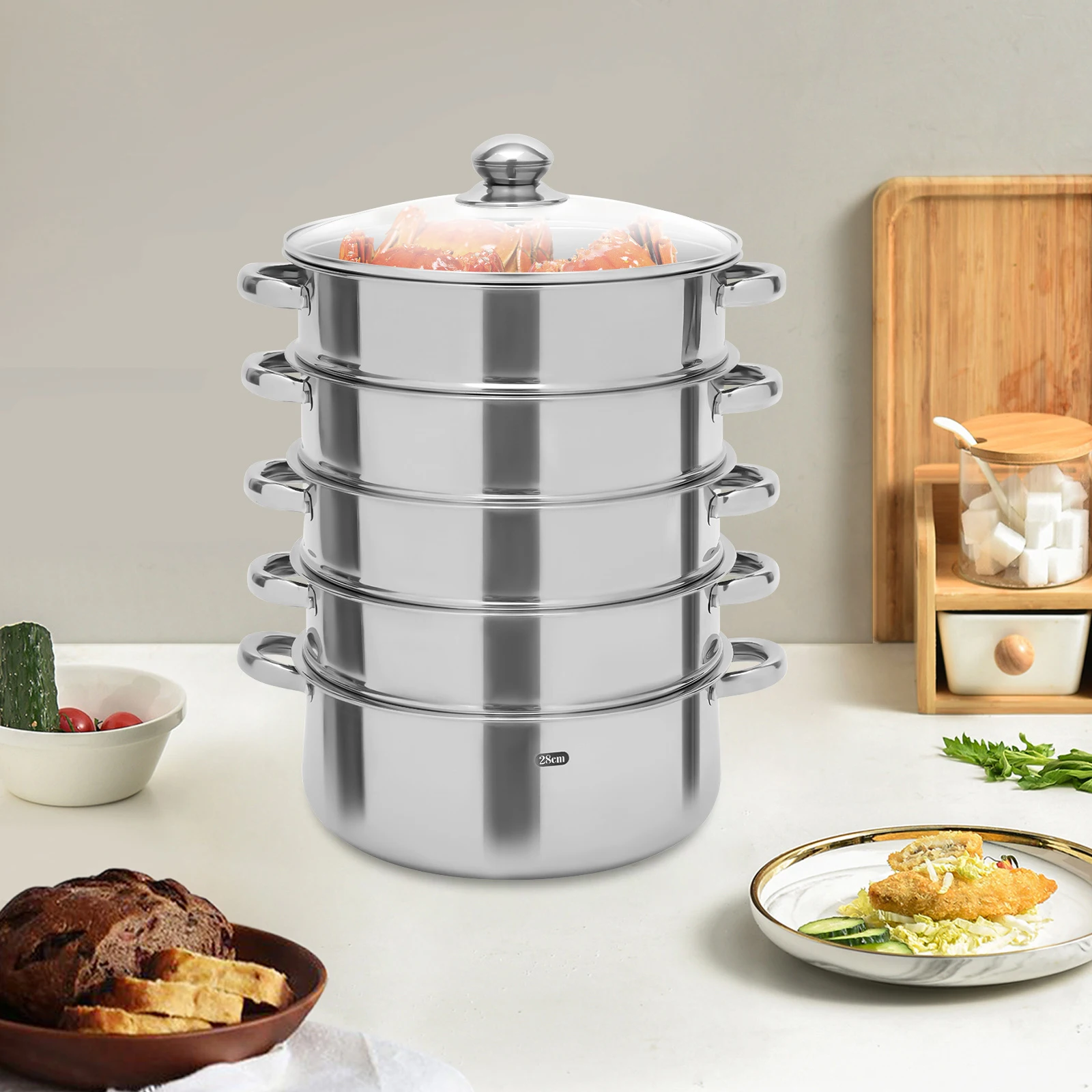 

5-Tier Stainless Steel Steamer 11.41 Inch Explosion-proof Glass Lid Stainless Steel Steamer