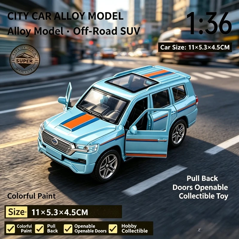 1:36 Scale Off-Road SUV Diecast Alloy Model Pull Back Car Openable Doors Simulation Vehicle Birthday Gift Home Display Hobby