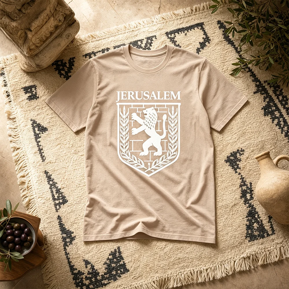 Jerusalem Lion Emblem Casual T-Shirt Short Sleeve Cotton Comfortable Top for Men Women Kids Israel Style Family Matching Outfits