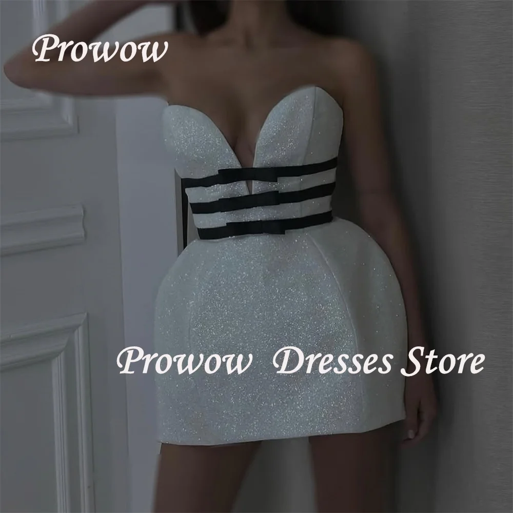 

Prowow Sexy Silver Glitter Short Prom Cocktail Dress Black Bows Fluffy Mini Wedding Party Gown Zip Back Sweetheart Customized