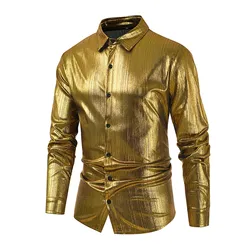 Men's Metallic shiny Long Sleeved Shirt For Casual And Fashionable Nightclub Wear, Suitable For Men's Top In Summer