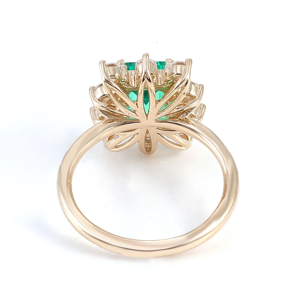 Cincin Pernikahan Mewah Provence 10K Emas Padat Potongan Zamrud Batu Permata Lab Hijau DEF/VS Pita Berlian Lab Kustom Dipersonalisasi