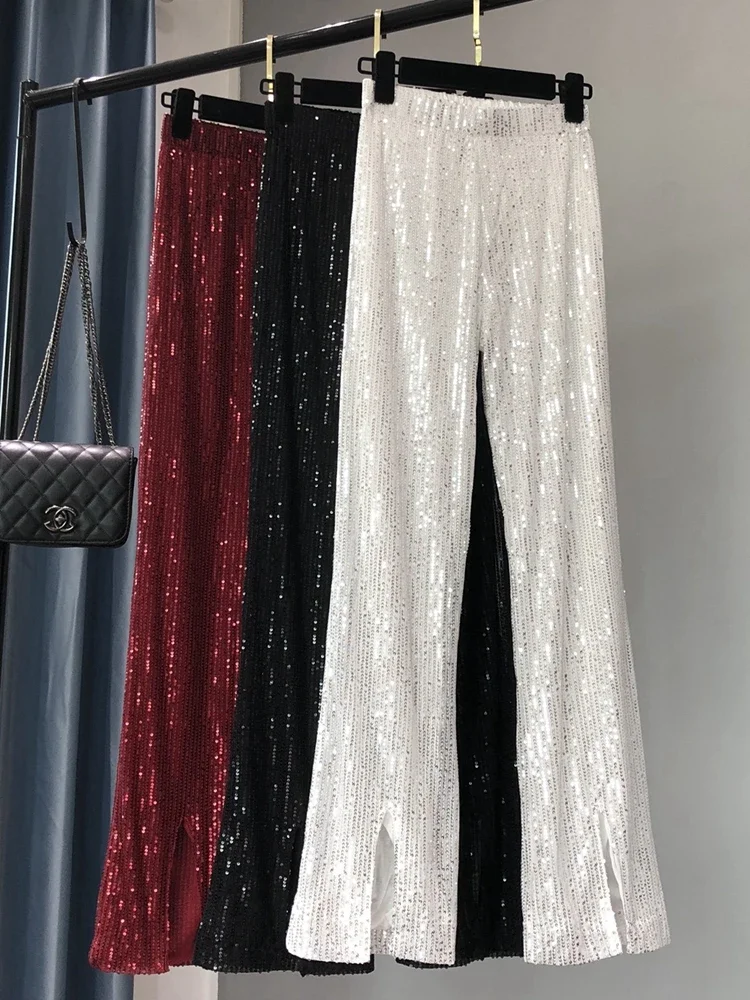 2024 New Autumn and Winter Women\'s Fashionable Shiny White Trousers, Versatile Slimming High Waist Sequined Flared Trousers