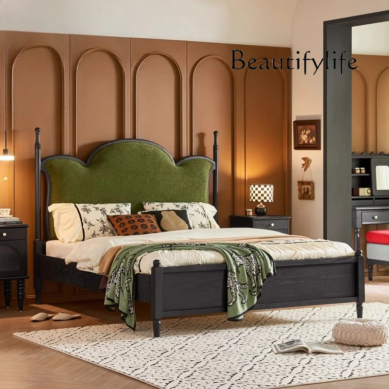 

Medieval style solid wood bed retro bedroom fabric designer new soft bag bed personalized modeling bed