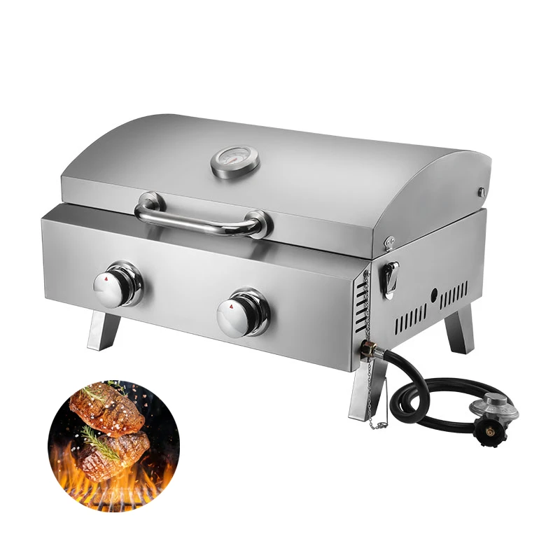 Portable Camping Stainless Steel Tabletop 2 Burners BBQ Gas Grill For Outdoor Cooking Patio Garden BBQ Picnic