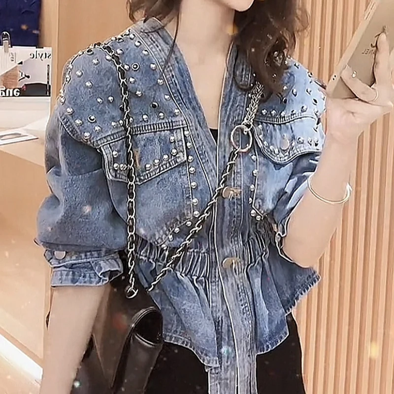 Fashion V-neck beading Denim Coat Women 2024 Spring new Irregular Short Jeans Jacket Tops Artistic Slim Cowboy Outerwear T311