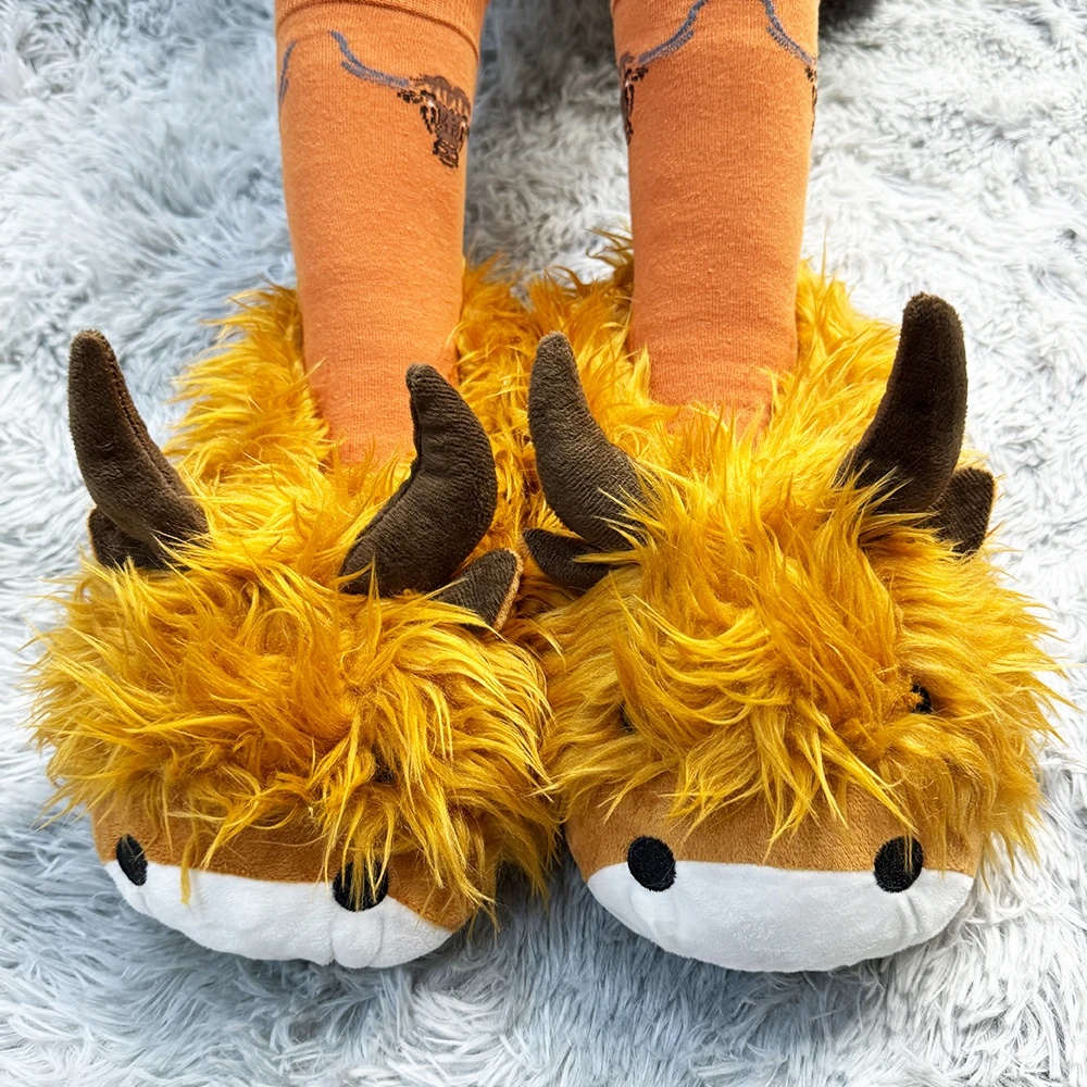 Rytanda New Cute Fluffy Cow Slippers Women Men Cartoon Mike Cow Warm Plush Slippers Couple's Indoor Platform Slides Cotton Shoes