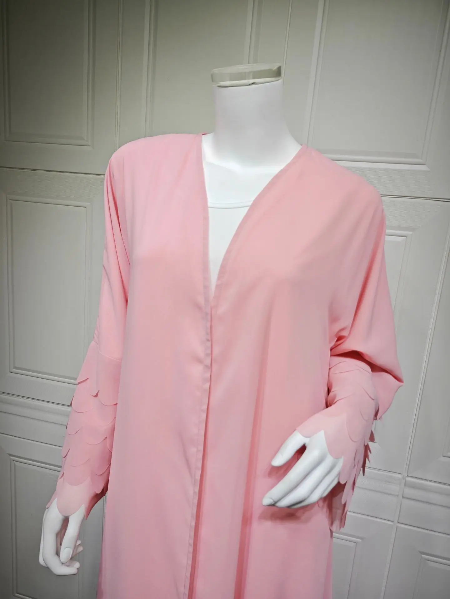 Uni Ramadan Dubai Rosa Chiffon Offene Abaya mit Hijab inklusive lockerer Ärmel muslimischer Strickjacke Marokkanischer Kaftan für Frauen
