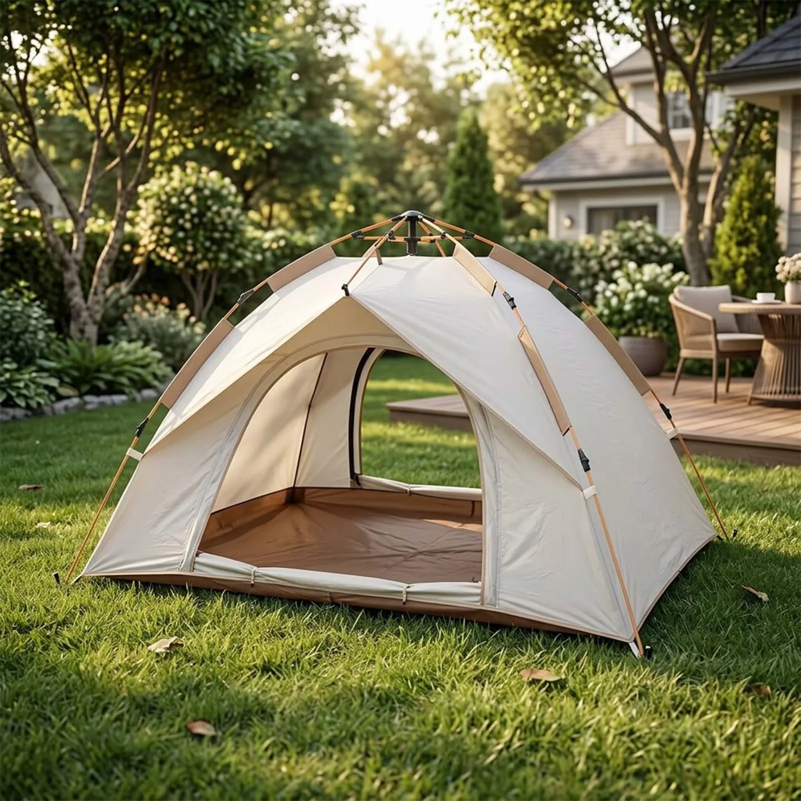 Pop Up Camping Tent Automatic Instant 2 Person Beige Dome Tent 2 Doors Mesh Door for Forest Night Glamping Outdoor Cozy