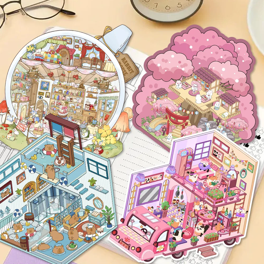 Cartoon Landscape Stickers Miniature World Small Creative 3D Cabin Decompression DIY Scene Home Interaction PET Stickers