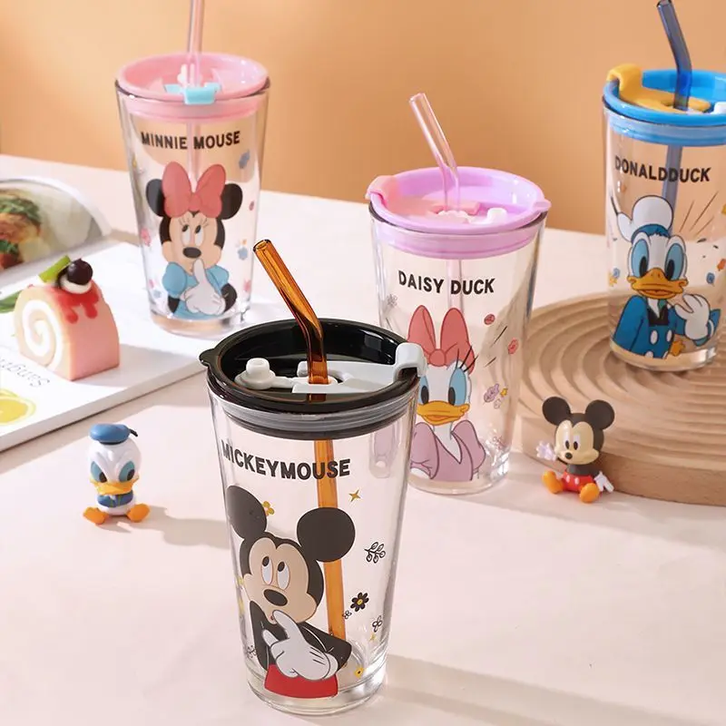 Disney series Winnie the Pooh Lotso Daisy Mickey Minnie Donald Duck cute creative cartoon pattern glass water cup with straw